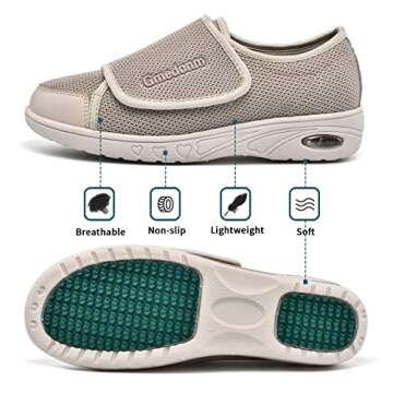 Gmedonm Women's Wide Shoes with Adjustable Lightweight for Diabetic Edema Plantar Fasciitis Bunions Arthritis Swollen Feet Air Cushion Bottom Fattening and Widening Elderly Shoes Beige