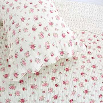Cozy Line Home Fashions Pink Rose Garden Floral 100% Cotton Reversible Coverlet Bedspread Quilt Bedd...
