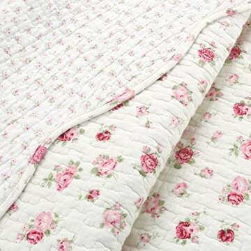 Cozy Line Home Fashions Pink Rose Garden Floral 100% Cotton Reversible Coverlet Bedspread Quilt Bedding Set (Ivory Rose, King - 3 Piece)
