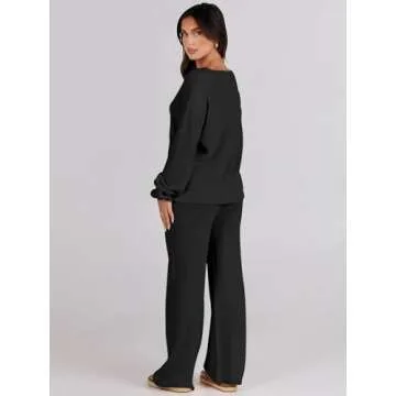 Caracilia Lounge Sets for Women Two Piece Outfits Fall Knit Matching Lounge Wear Jogger Sweater Sets 2023 Winter Casual V Neck Sweat Suit Tracksuit Travel Comfy Cozy Trendy Clothes B1165heise-S Black