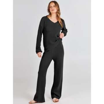 Caracilia Lounge Sets for Women Two Piece Outfits Fall Knit Matching Lounge Wear Jogger Sweater Sets 2023 Winter Casual V Neck Sweat Suit Tracksuit Travel Comfy Cozy Trendy Clothes B1165heise-S Black