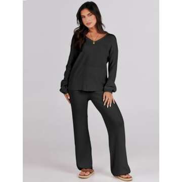 Caracilia Lounge Sets for Women Two Piece Outfits Fall Knit Matching Lounge Wear Jogger Sweater Sets 2023 Winter Casual V Neck Sweat Suit Tracksuit Travel Comfy Cozy Trendy Clothes B1165heise-S Black