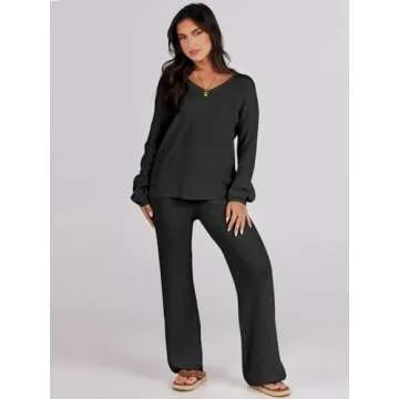 Caracilia Lounge Sets for Women Two Piece Outfits Fall Knit Matching Lounge Wear Jogger Sweater Sets 2023 Winter Casual V Neck Sweat Suit Tracksuit Travel Comfy Cozy Trendy Clothes B1165heise-S Black