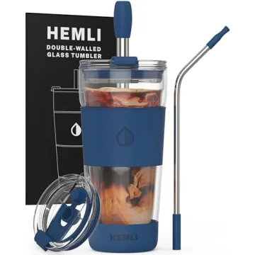Hemli 19 oz. Clear Double Wall Glass Coffee Tumbler, To Go Glass Travel Mug with Lid, Portable Glass...