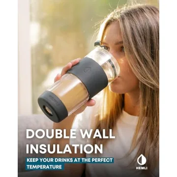 Hemli Double Wall Glass Coffee Tumbler - Travel Mug with Straw