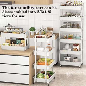 Sywhitta 6-Tier Plastic Rolling Utility Cart with Handle, Multi-Functional Storage Trolley for Offic...