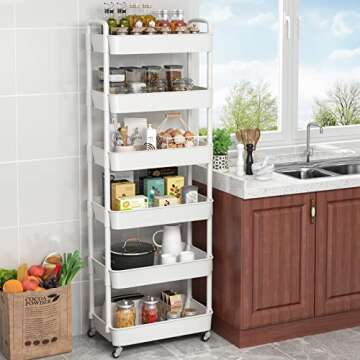 Sywhitta 6-Tier Plastic Rolling Utility Cart with Handle, Multi-Functional Storage Trolley for Office, Living Room, Kitchen, Movable Storage Organizer with Wheels, White