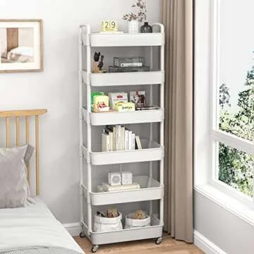 Sywhitta 6-Tier Plastic Rolling Utility Cart with Handle, Multi-Functional Storage Trolley for Office, Living Room, Kitchen, Movable Storage Organizer with Wheels, White