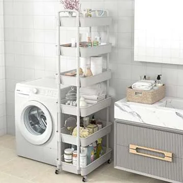 Sywhitta 6-Tier Plastic Rolling Utility Cart with Handle, Multi-Functional Storage Trolley for Office, Living Room, Kitchen, Movable Storage Organizer with Wheels, White