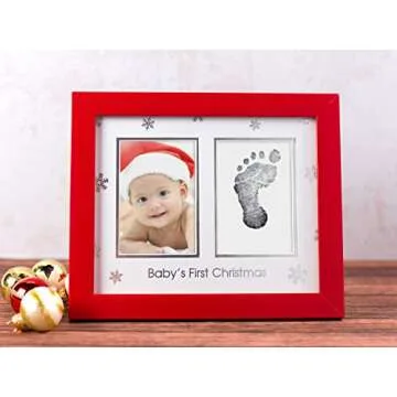 Tiny Ideas Baby's First Christmas Holiday Keepsake Photo Frame with Ink Pad for Handprint or Footprint, Red