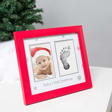 Tiny Ideas Baby's First Christmas Holiday Keepsake Photo Frame with Ink Pad for Handprint or Footprint, Red