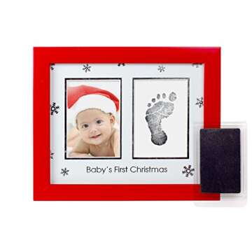 Tiny Ideas Baby's First Christmas Holiday Keepsake Photo Frame with Ink Pad for Handprint or Footprint, Red