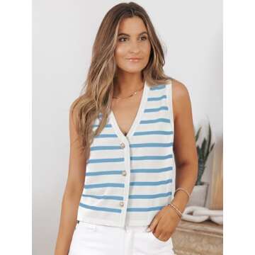 LILLUSORY Vest Tops for Women Striped Sweater Vests 2025 Summer Vacation Crop Button Up Work Outfits...