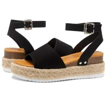 Shoe Land Legossa Womens Platform Sandals Ankle Strap Espadrilles Comfortable Open Toe Flatform Wedge Casual Sandal Black White Tan Platform Sandals for Summer, 1825/Black, Size 11.0