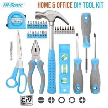 Hi-Spec 42pc Blue Household DIY Tool Set. Home, Office and College Dorm Small Toolkit Box of Starter...