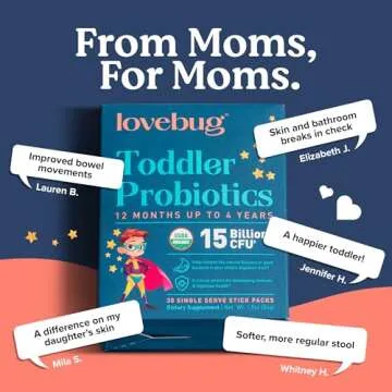 Lovebug Toddler Probiotics - Organic Probiotic for Kids & Toddler Constipation Relief, Stomach Discomfort and Softer Bowel Movements, Clear Dissolvable Powder, Ages 12 Months to 4 Year Olds - 30 Pack