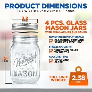 NutriChef 4-Pack 16 oz Mason Jars with Lids - Thick Glass Canning Jars with Stainless Steel Lids - Ideal for DIY Spices, Meal Prep, Overnight Oats, Jelly, Jam, Honey, Candles, Crafts, & More