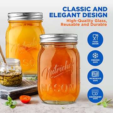 NutriChef 4-Pack 16 oz Mason Jars with Lids - Thick Glass Canning Jars with Stainless Steel Lids - Ideal for DIY Spices, Meal Prep, Overnight Oats, Jelly, Jam, Honey, Candles, Crafts, & More