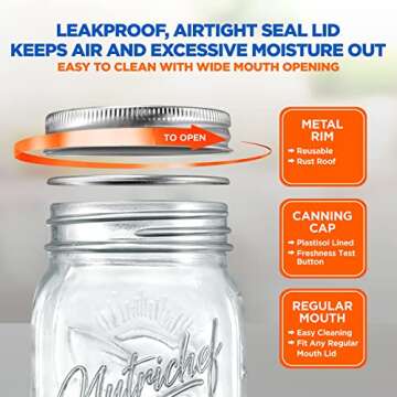 NutriChef 4-Pack 16 oz Mason Jars with Lids - Thick Glass Canning Jars with Stainless Steel Lids - Ideal for DIY Spices, Meal Prep, Overnight Oats, Jelly, Jam, Honey, Candles, Crafts, & More