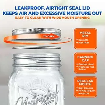 NutriChef 4-Pack 16 oz Mason Jars with Lids - Thick Glass Canning Jars with Stainless Steel Lids - Ideal for DIY Spices, Meal Prep, Overnight Oats, Jelly, Jam, Honey, Candles, Crafts, & More