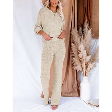 Ekouaer Cozy Pajamas for Women Matching Lounge Set 2 Piece Sleep Set Knit Sweater Sleepwear Set Beige XL