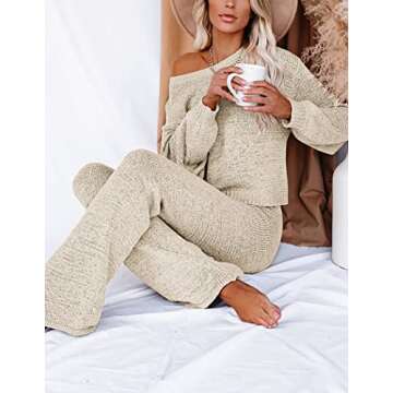 Ekouaer Cozy Pajamas for Women Matching Lounge Set 2 Piece Sleep Set Knit Sweater Sleepwear Set Beige XL
