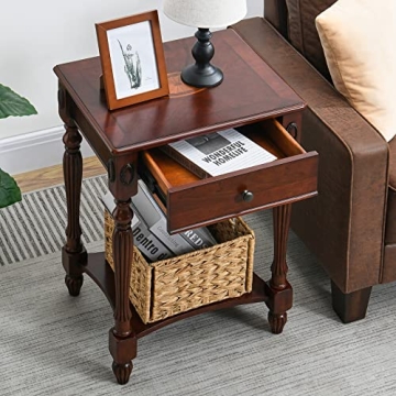 MODERION Solid Wood Side Table with Drawer and Storage Shelf, Traditional End Table, Narrow Telephon...