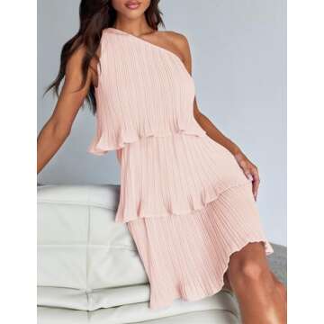 ZESICA Women's 2024 Summer Sleeveless Mini Dress Boho One Shoulder Ruffle Tiered Layered Chiffon Flowy A Line Dresses,Pink,Small