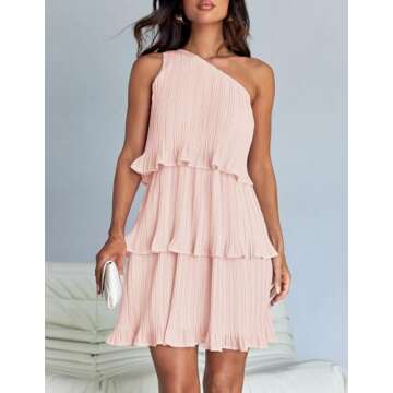 ZESICA Women's 2024 Summer Sleeveless Mini Dress Boho One Shoulder Ruffle Tiered Layered Chiffon Flowy A Line Dresses,Pink,Small