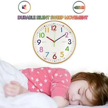 VREAONE Learning Clock for Kids 12 inch Educational Wall Clock Silent Movement and Colorful Numerals Kids Wall Clocks for Classroom,Playroom Nursery Bedrooms Kids Room,School