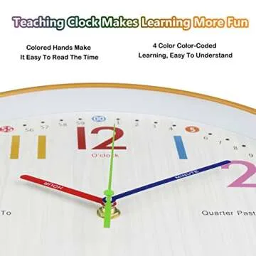 VREAONE Learning Clock for Kids 12 inch Educational Wall Clock Silent Movement and Colorful Numerals Kids Wall Clocks for Classroom,Playroom Nursery Bedrooms Kids Room,School