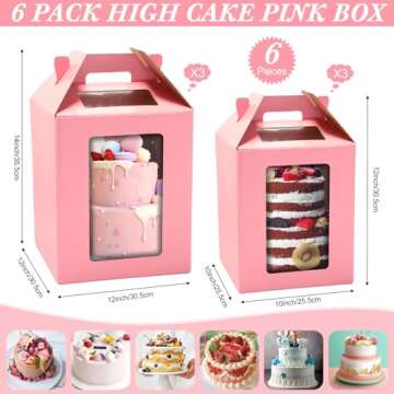 TaoBary 6 Pcs Tall Cake Boxes with Window 2 Sizes 10 x 10 x 12 and 12 x 12 x 14 Inches Disposable Tier Cake Carrier with Handle Cake Transport Container Large Pink Tiered Cake Box for Wedding Birthday