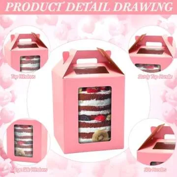 TaoBary 6 Pcs Tall Cake Boxes with Window 2 Sizes 10 x 10 x 12 and 12 x 12 x 14 Inches Disposable Tier Cake Carrier with Handle Cake Transport Container Large Pink Tiered Cake Box for Wedding Birthday