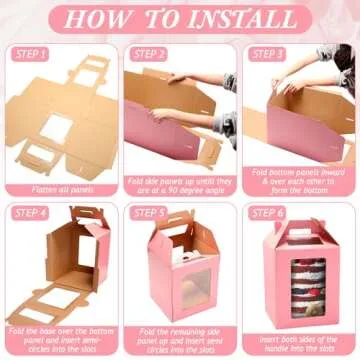 TaoBary 6 Pcs Tall Cake Boxes with Window 2 Sizes 10 x 10 x 12 and 12 x 12 x 14 Inches Disposable Tier Cake Carrier with Handle Cake Transport Container Large Pink Tiered Cake Box for Wedding Birthday