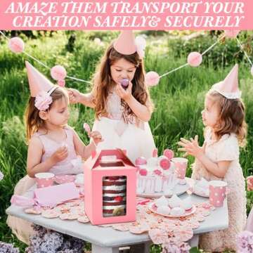 TaoBary 6 Pcs Tall Cake Boxes with Window 2 Sizes 10 x 10 x 12 and 12 x 12 x 14 Inches Disposable Tier Cake Carrier with Handle Cake Transport Container Large Pink Tiered Cake Box for Wedding Birthday