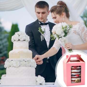 TaoBary 6 Pcs Tall Cake Boxes with Window 2 Sizes 10 x 10 x 12 and 12 x 12 x 14 Inches Disposable Tier Cake Carrier with Handle Cake Transport Container Large Pink Tiered Cake Box for Wedding Birthday