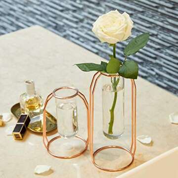PuTwo Vases Set of 2 Metal Flower Vase Glass Vase Planter Terrariums Gold Vases Rose Gold Vase Plant Vase Glass Vases Cylinder Vase Vases for Decor Clear Vase Decorations for Living Room - Rose Gold