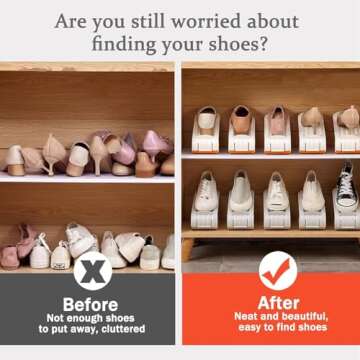 8 Pack Shoe Slots Organizer, Adjustable Double Layer Shoe Stack, Four Position Adjustable Height Design, Space-Saving Storage Shoes Stacker Holder, Shoe Stackers for a Pair of Shoes (B, Orange)