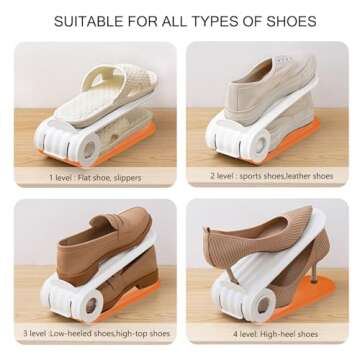 8 Pack Shoe Slots Organizer, Adjustable Double Layer Shoe Stack, Four Position Adjustable Height Design, Space-Saving Storage Shoes Stacker Holder, Shoe Stackers for a Pair of Shoes (B, Orange)