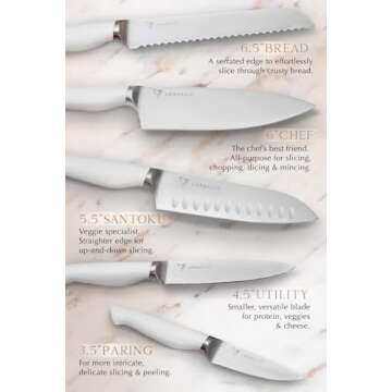 Lordelle Knife Block Set - 5 Piece Set - White Chantilly Snow - Lifestyle Home Kitchen Design - German X50 Stainless Steel - ABS Handle - Ash Wood Block - Cooking Chef Knife, Santoku, Paring, Utility