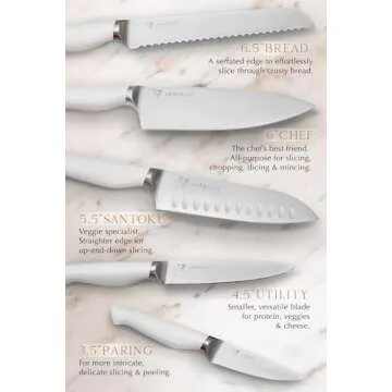 Lordelle Knife Block Set - 5 Piece Set - White Chantilly Snow - Lifestyle Home Kitchen Design - German X50 Stainless Steel - ABS Handle - Ash Wood Block - Cooking Chef Knife, Santoku, Paring, Utility