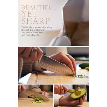 Lordelle Knife Block Set - 5 Piece Set - White Chantilly Snow - Lifestyle Home Kitchen Design - German X50 Stainless Steel - ABS Handle - Ash Wood Block - Cooking Chef Knife, Santoku, Paring, Utility