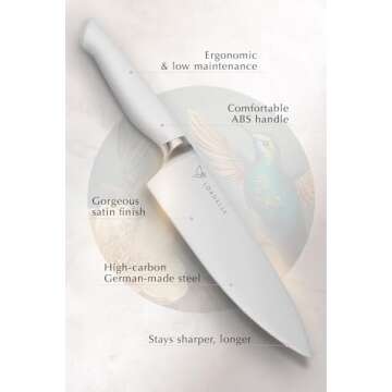 Lordelle Knife Block Set - 5 Piece Set - White Chantilly Snow - Lifestyle Home Kitchen Design - German X50 Stainless Steel - ABS Handle - Ash Wood Block - Cooking Chef Knife, Santoku, Paring, Utility