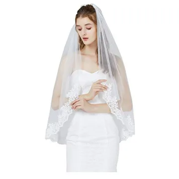 Elegant Wedding Bridal Veil with Lace Applique Edge, Comb Included, 41" Fingertip Length