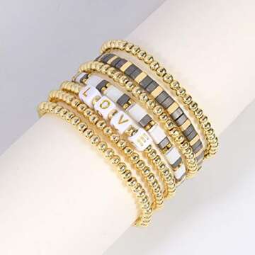 14k Gold Plated Bead Bracelets Fashion Hematite Tile Enamel Stackable Stretch Bracelets for Women