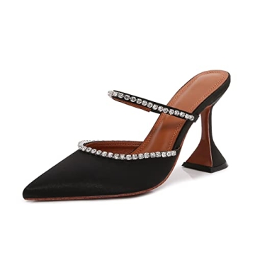 Vertundy Women's Black Mule Heels | Elegant Rhinestone Stiletto Sandals