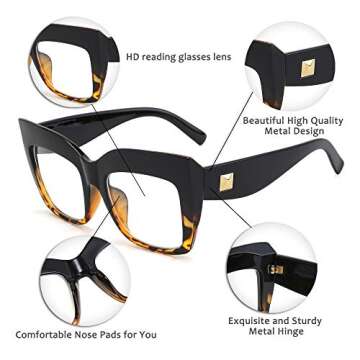 FEISEDY Square Oversized Reading Glasses Blue Light Blocking Reader Glasses Frame Eyewear Women B2627 Black-leopard 1.25x