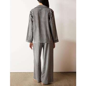 ACCPUR Women 2 Piece Plaid Pajamas Sets Button Down Long Sleeve Blouse Loose Pant Lounge Set Casual Gingham Outfits Sleepwear