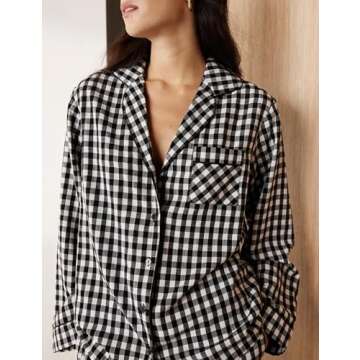 ACCPUR Women 2 Piece Plaid Pajamas Sets Button Down Long Sleeve Blouse Loose Pant Lounge Set Casual Gingham Outfits Sleepwear