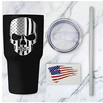 American Flag Skull 30oz Patriotic Tumbler - American Flag Tumbler Travel Mug - Patriotic Coffee Travel Mug - Double Insulated 30oz Tumbler - Engraved in the USA - (American Flag Skull)